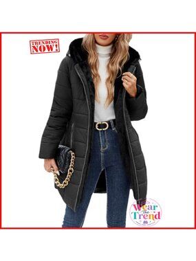 Womens Winter Fleece Warm Coat Windproof Slim Fit Long Down Jacket Hooded